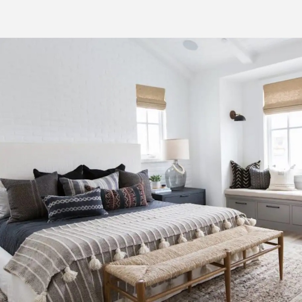 Amber Interiors / Shoppe - Wool Blanket Grey & White Striped w/ White Tassels